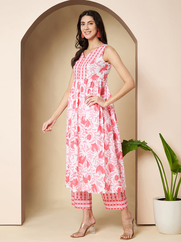 Poshak Hub Women White & Pink Cotton A Line Kurta and palazzo