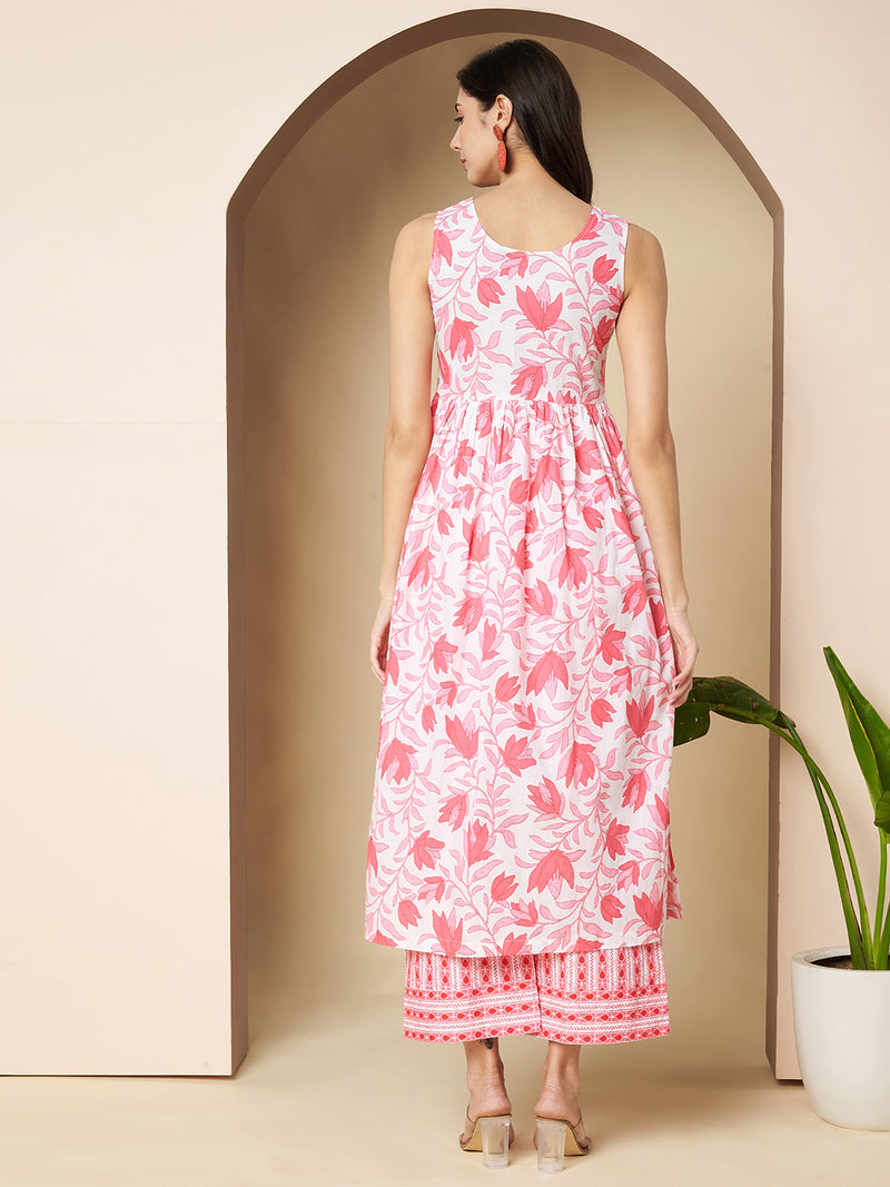 Poshak Hub Women White & Pink Cotton A Line Kurta and palazzo