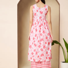 Poshak Hub Women White & Pink Cotton A Line Kurta and palazzo