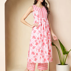 Poshak Hub Women White & Pink Cotton A Line Kurta and palazzo