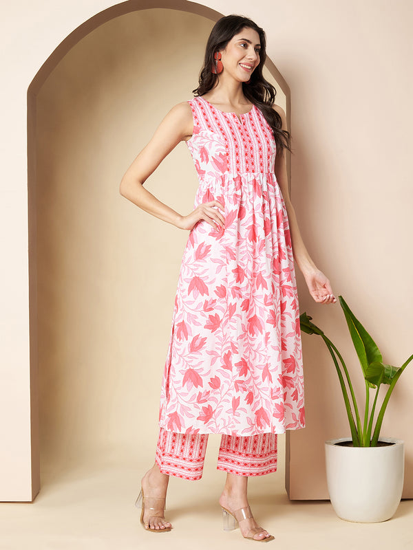 Poshak Hub Women White & Pink Cotton A Line Kurta and palazzo