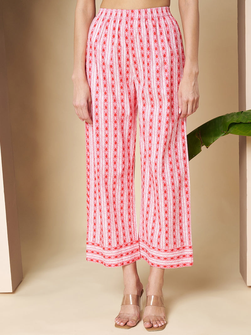 Poshak Hub Women White & Pink Cotton A Line Kurta and palazzo