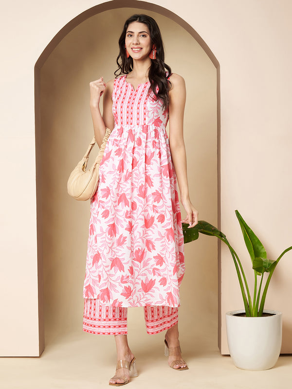 Poshak Hub Women White & Pink Cotton A Line Kurta and palazzo