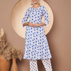 Poshak Hub Women White & Blue Cotton A Line Kurta and palazzo