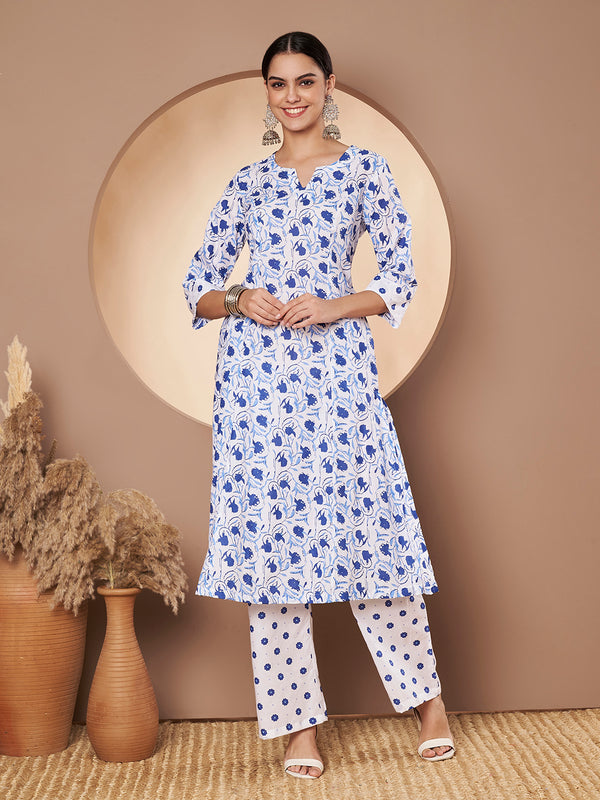 Poshak Hub Women White & Blue Cotton A Line Kurta and palazzo