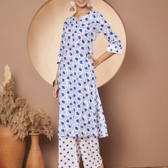 Poshak Hub Women White & Blue Cotton A Line Kurta and palazzo