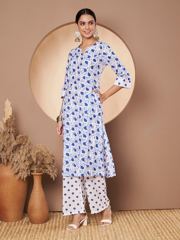 Poshak Hub Women White & Blue Cotton A Line Kurta and palazzo