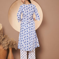 Poshak Hub Women White & Blue Cotton A Line Kurta and palazzo