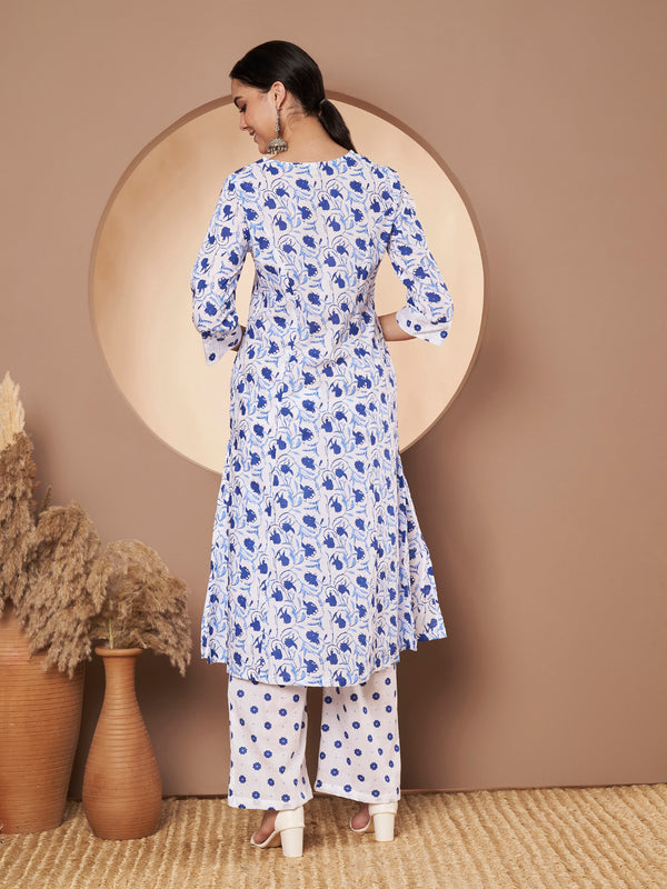 Poshak Hub Women White & Blue Cotton A Line Kurta and palazzo