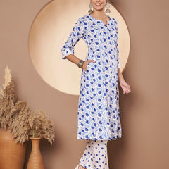Poshak Hub Women White & Blue Cotton A Line Kurta and palazzo