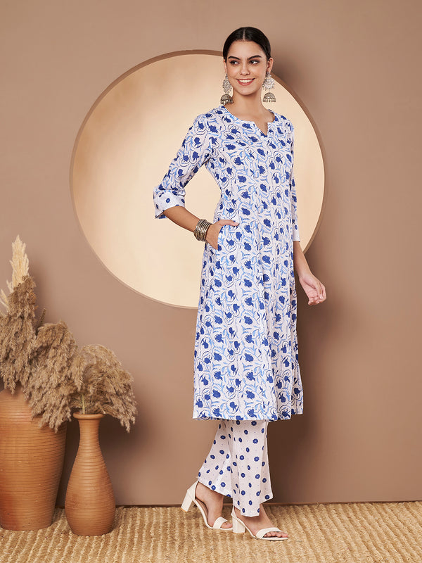 Poshak Hub Women White & Blue Cotton A Line Kurta and palazzo