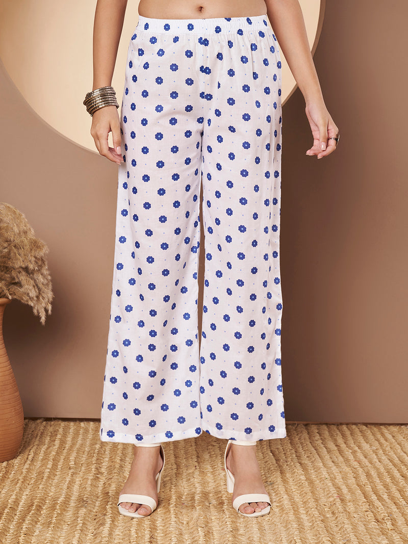 Poshak Hub Women White & Blue Cotton A Line Kurta and palazzo