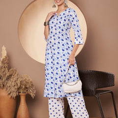Poshak Hub Women White & Blue Cotton A Line Kurta and palazzo