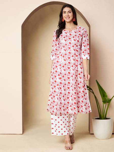 Poshak Hub Women White & Red Cotton A Line Kurta and palazzo
