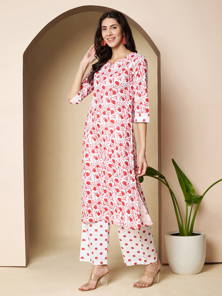 Poshak Hub Women White & Red Cotton A Line Kurta and palazzo