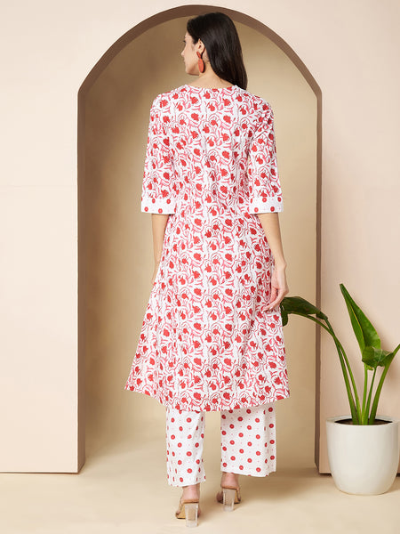Poshak Hub Women White & Red Cotton A Line Kurta and palazzo
