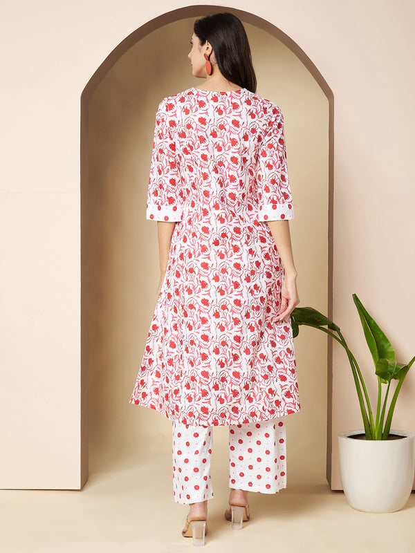 Poshak Hub Women White & Red Cotton A Line Kurta and palazzo
