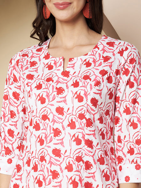 Poshak Hub Women White & Red Cotton A Line Kurta and palazzo