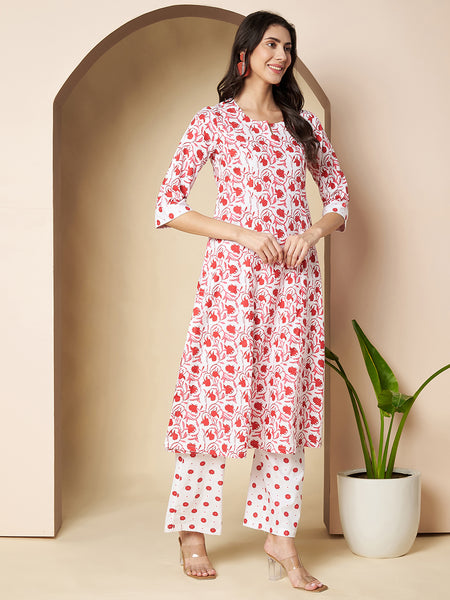 Poshak Hub Women White & Red Cotton A Line Kurta and palazzo