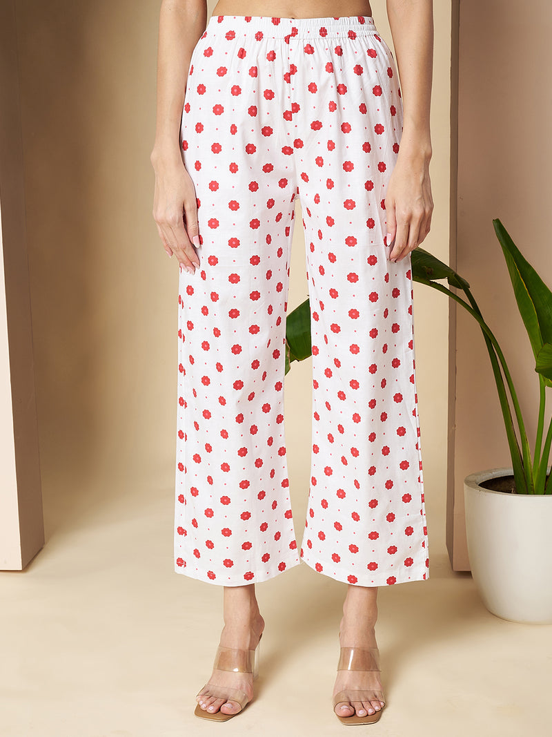 Poshak Hub Women White & Red Cotton A Line Kurta and palazzo