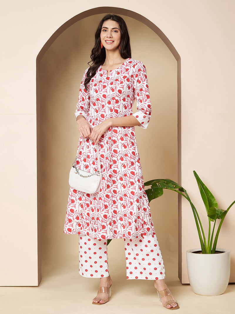 Poshak Hub Women White & Red Cotton A Line Kurta and palazzo