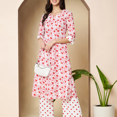 Poshak Hub Women White & Red Cotton A Line Kurta and palazzo