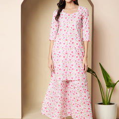 Poshak Hub Women White & Pink Cotton A Line Kurta and palazzo
