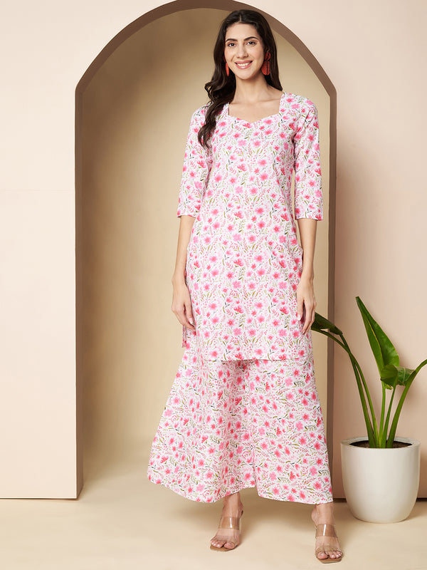 Poshak Hub Women White & Pink Cotton A Line Kurta and palazzo