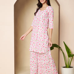 Poshak Hub Women White & Pink Cotton A Line Kurta and palazzo