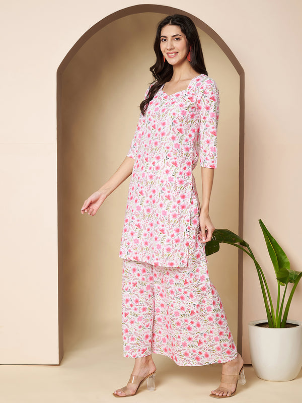 Poshak Hub Women White & Pink Cotton A Line Kurta and palazzo