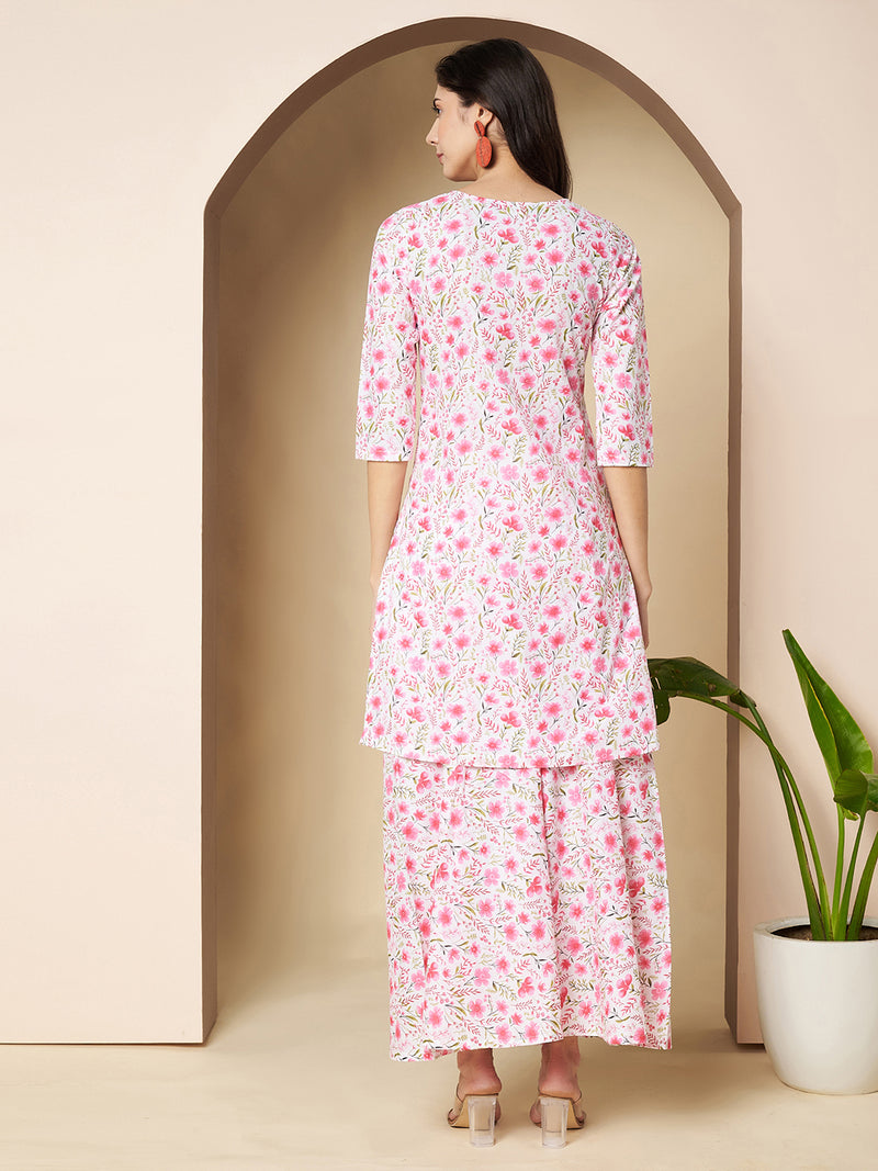 Poshak Hub Women White & Pink Cotton A Line Kurta and palazzo