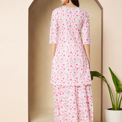 Poshak Hub Women White & Pink Cotton A Line Kurta and palazzo
