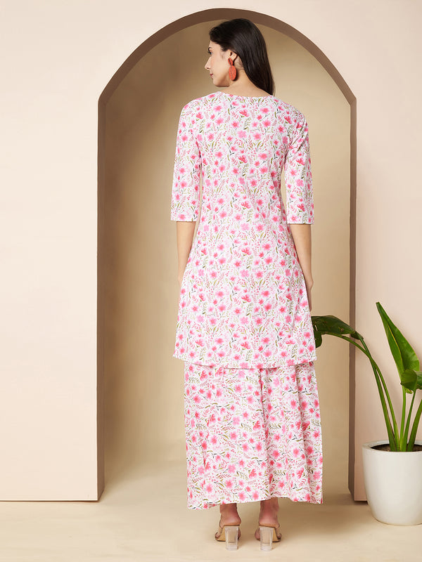 Poshak Hub Women White & Pink Cotton A Line Kurta and palazzo