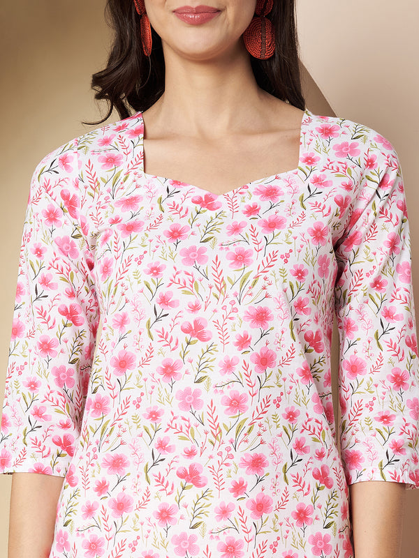 Poshak Hub Women White & Pink Cotton A Line Kurta and palazzo