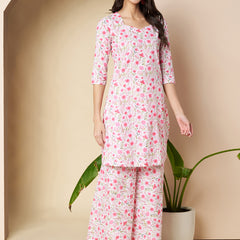 Poshak Hub Women White & Pink Cotton A Line Kurta and palazzo