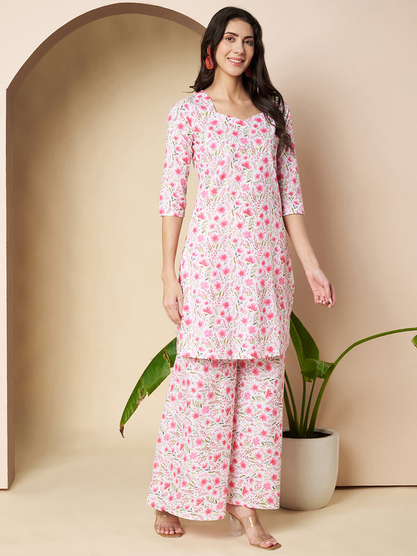 Poshak Hub Women White & Pink Cotton A Line Kurta and palazzo