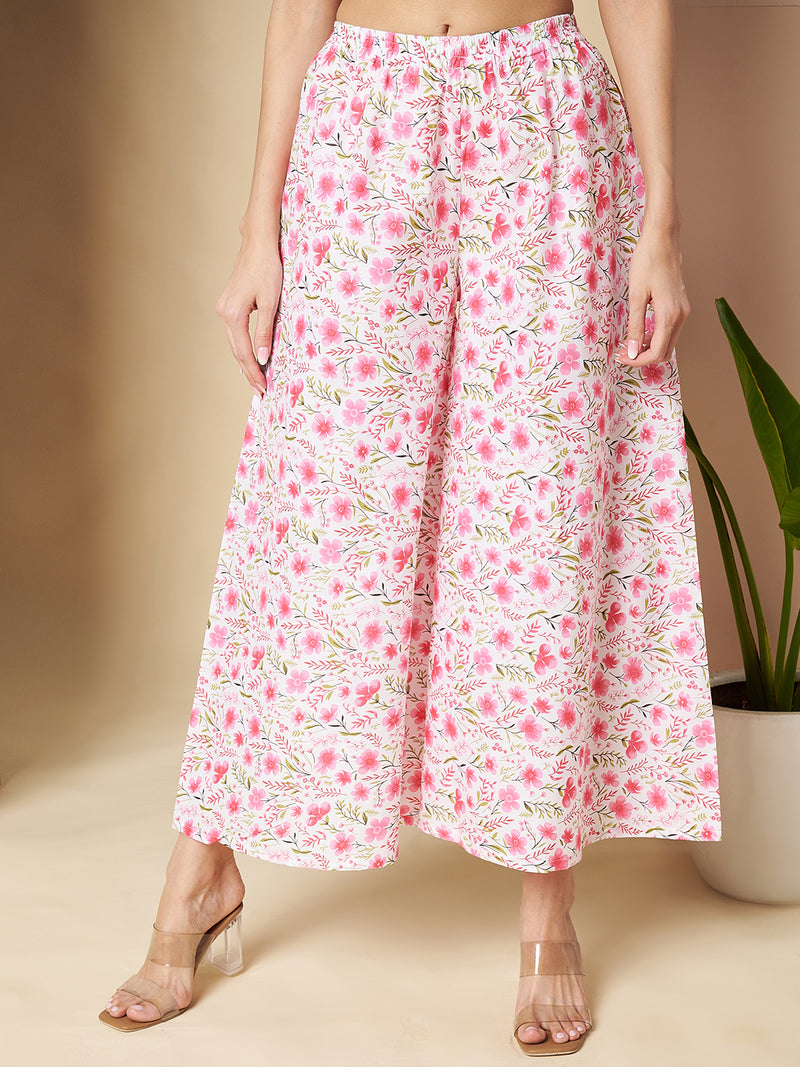 Poshak Hub Women White & Pink Cotton A Line Kurta and palazzo