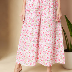 Poshak Hub Women White & Pink Cotton A Line Kurta and palazzo