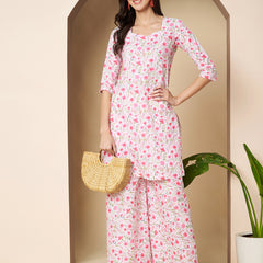 Poshak Hub Women White & Pink Cotton A Line Kurta and palazzo