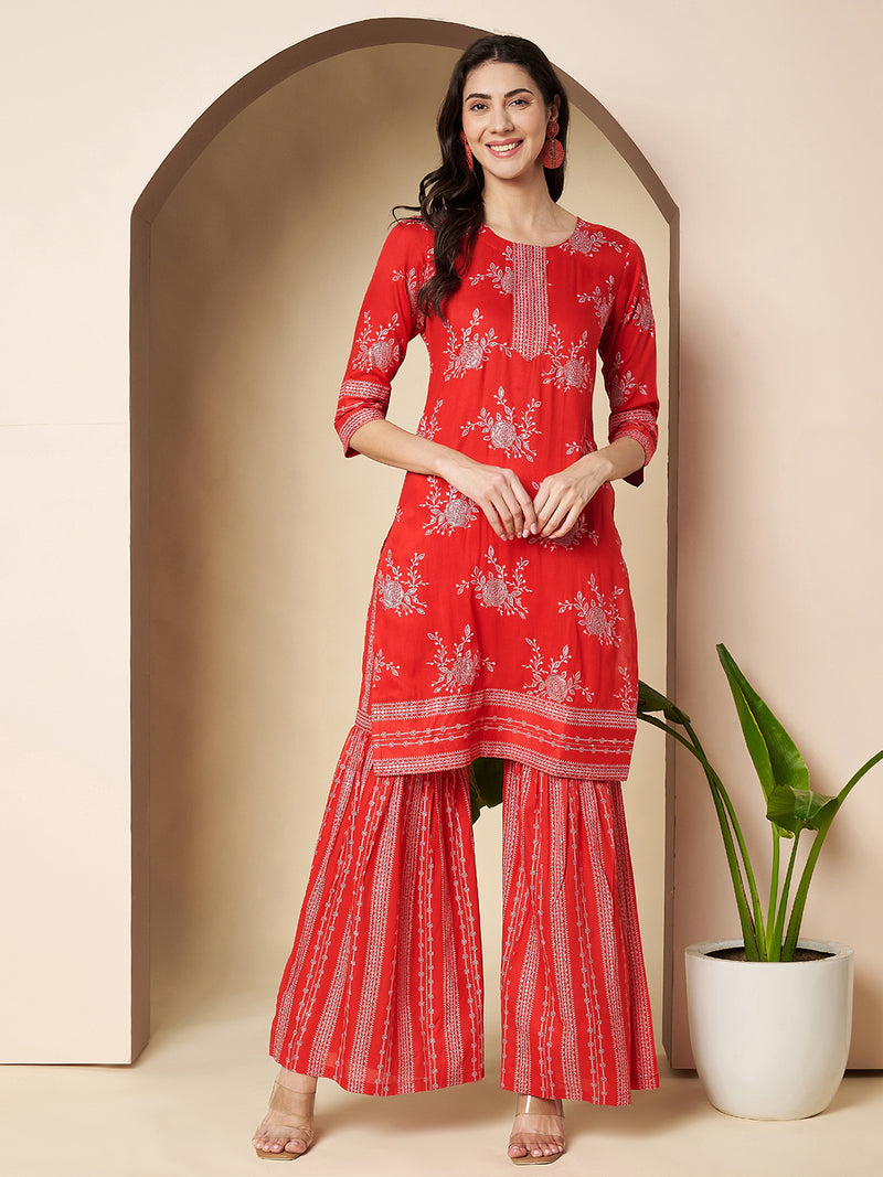 Poshak Hub Women Red Rayon A Line Kurta and Sharara