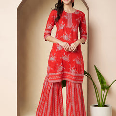 Poshak Hub Women Red Rayon A Line Kurta and Sharara