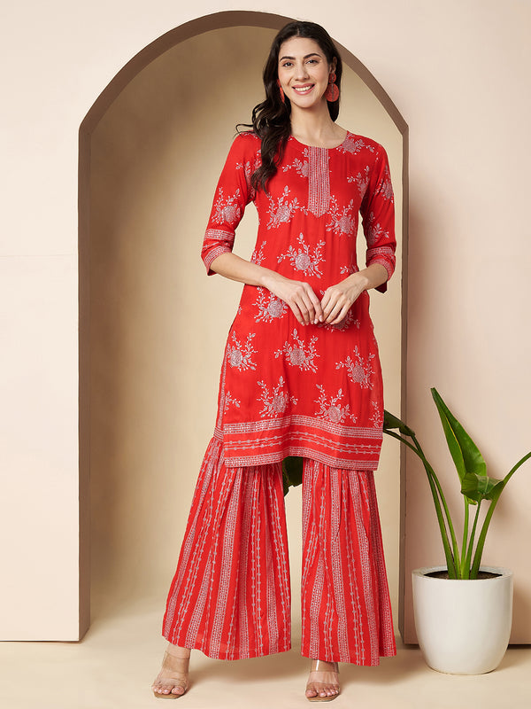 Poshak Hub Women Red Rayon A Line Kurta and Sharara