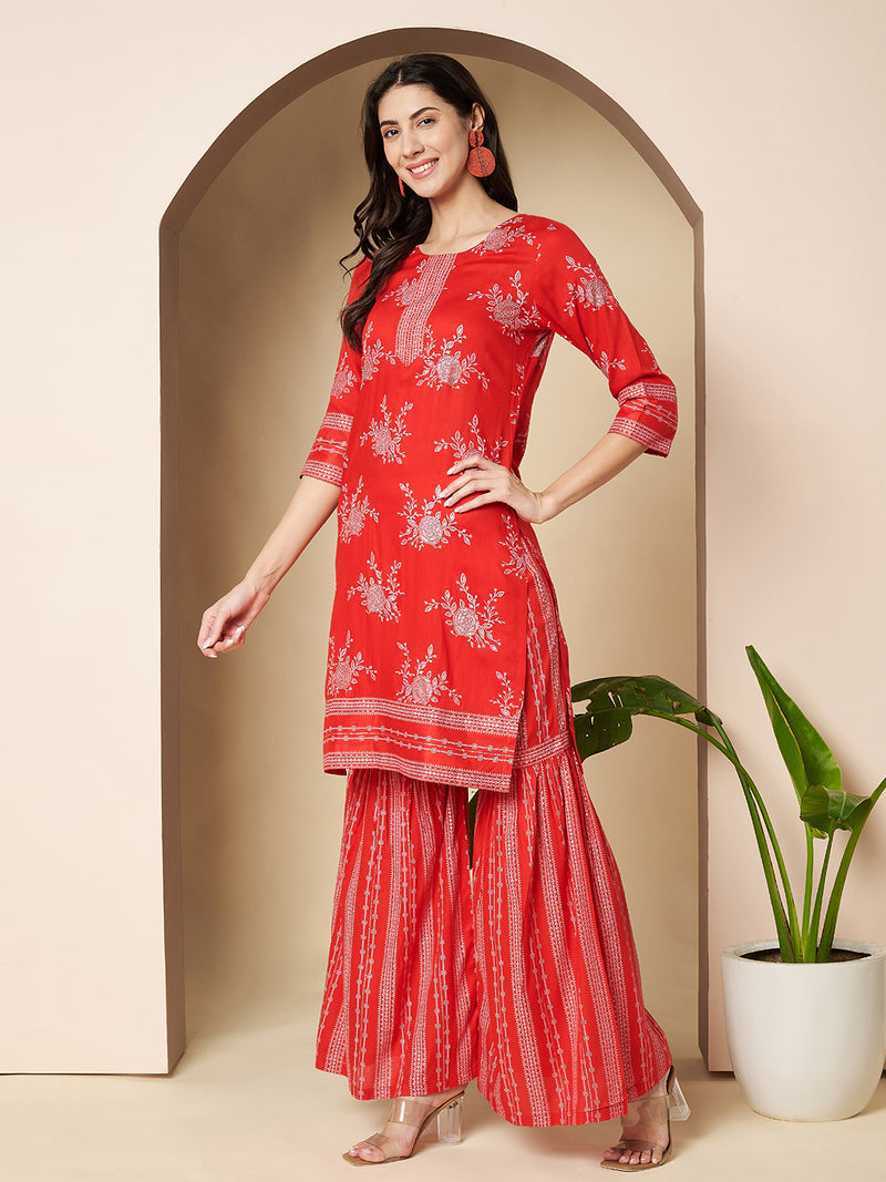 Poshak Hub Women Red Rayon A Line Kurta and Sharara