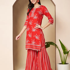 Poshak Hub Women Red Rayon A Line Kurta and Sharara