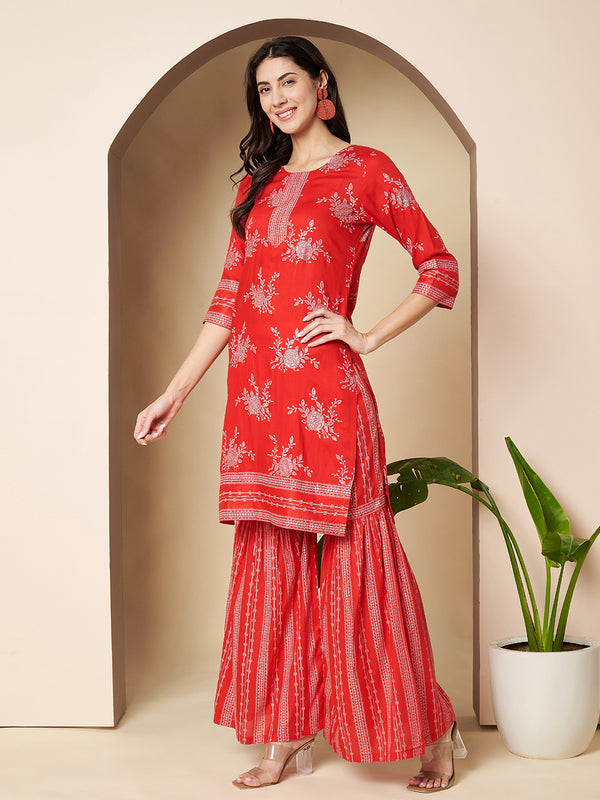 Poshak Hub Women Red Rayon A Line Kurta and Sharara