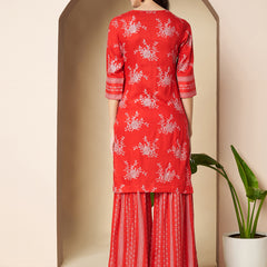Poshak Hub Women Red Rayon A Line Kurta and Sharara