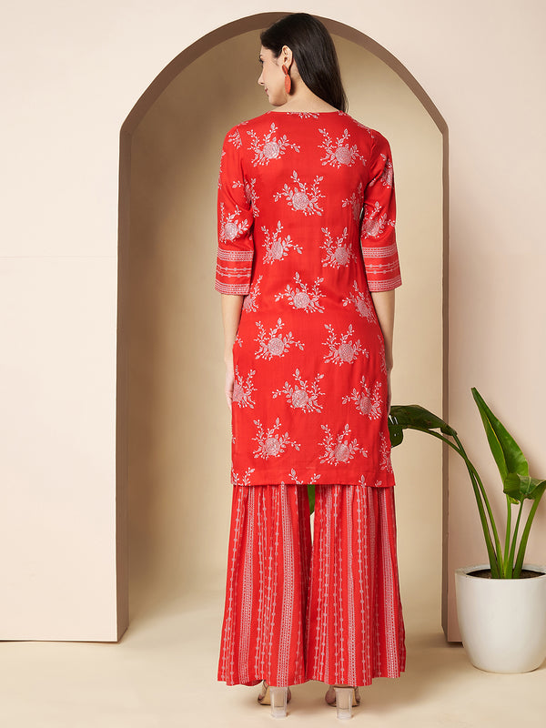 Poshak Hub Women Red Rayon A Line Kurta and Sharara