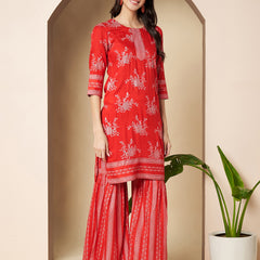 Poshak Hub Women Red Rayon A Line Kurta and Sharara