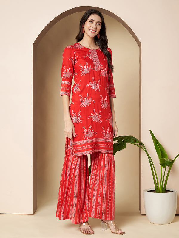 Poshak Hub Women Red Rayon A Line Kurta and Sharara