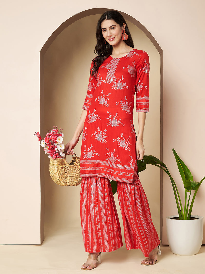 Poshak Hub Women Red Rayon A Line Kurta and Sharara